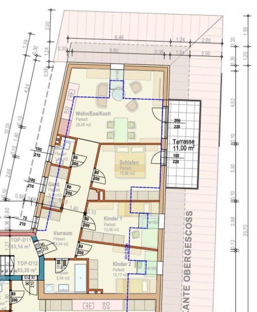 Detaillierter Grundriss einer Wohnung mit Wohn-/Ess-/Kochbereich, Schlafzimmern und Terrasse.