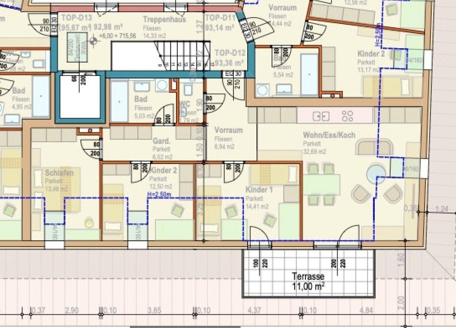 Detaillierter Grundriss einer Wohnung mit Wohn-Ess-Kochbereich, Schlafzimmern und Terrasse.