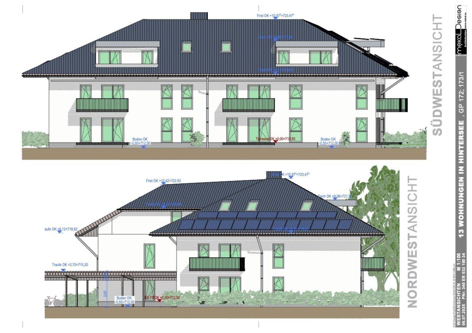 Architektonische Ansichten eines Gebäudes mit Balkonen und Solarpaneelen auf dem Dach.