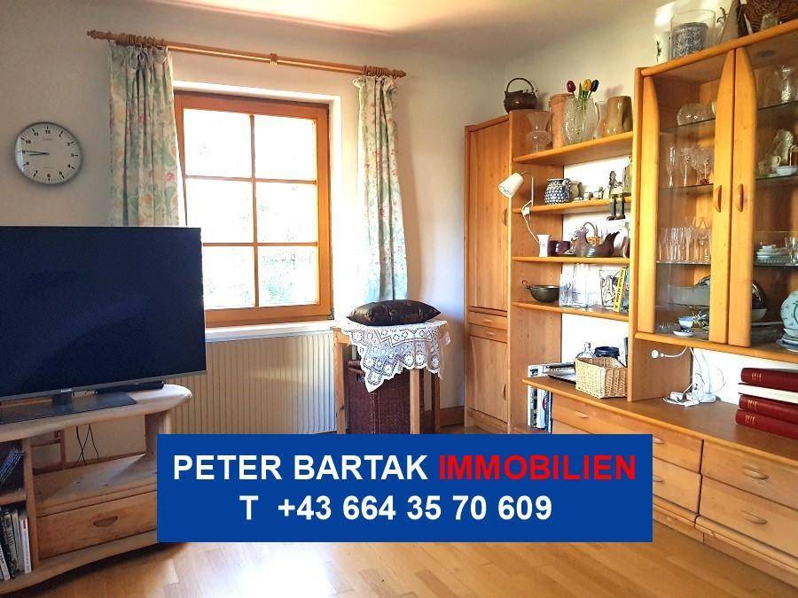 Wohnzimmer mit Holzschrankwand, Dekoration und hellem Parkettboden.