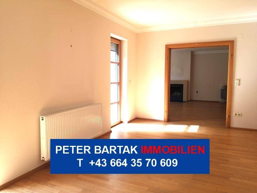 Freundlicher Raum mit Parkettboden, Heizkörper und offenem Durchgang zu einem Zimmer mit Kamin.