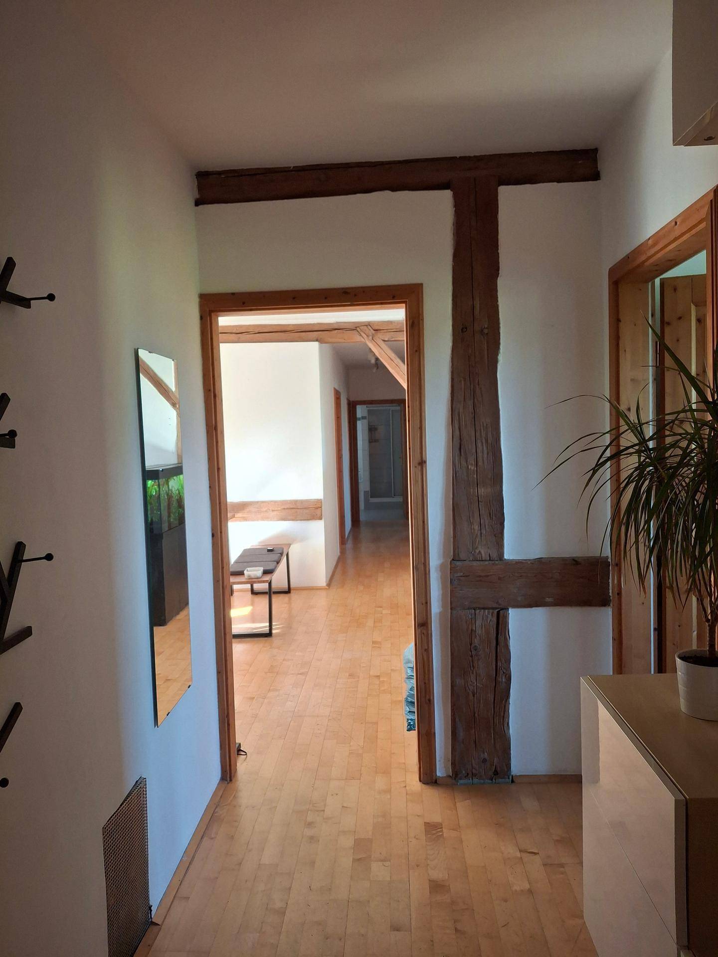 Heller Flur mit Holzboden und sichtbaren Holzbalken, der zu weiteren Räumen führt.