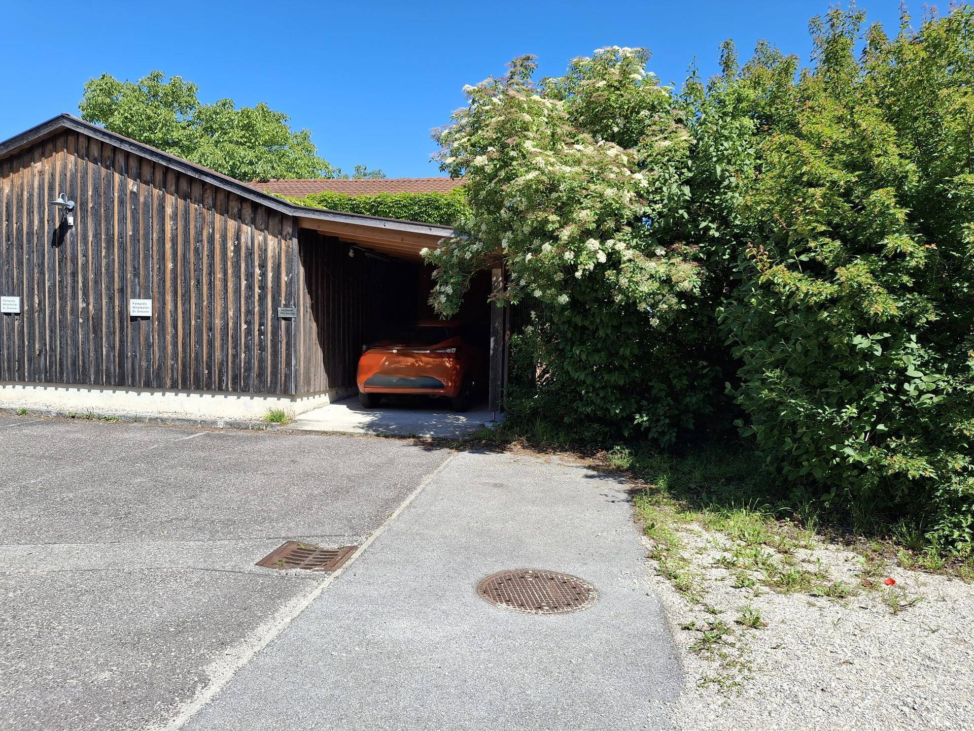 Holzcarport mit einem geparkten Auto, umgeben von üppigem Grün und Bäumen.