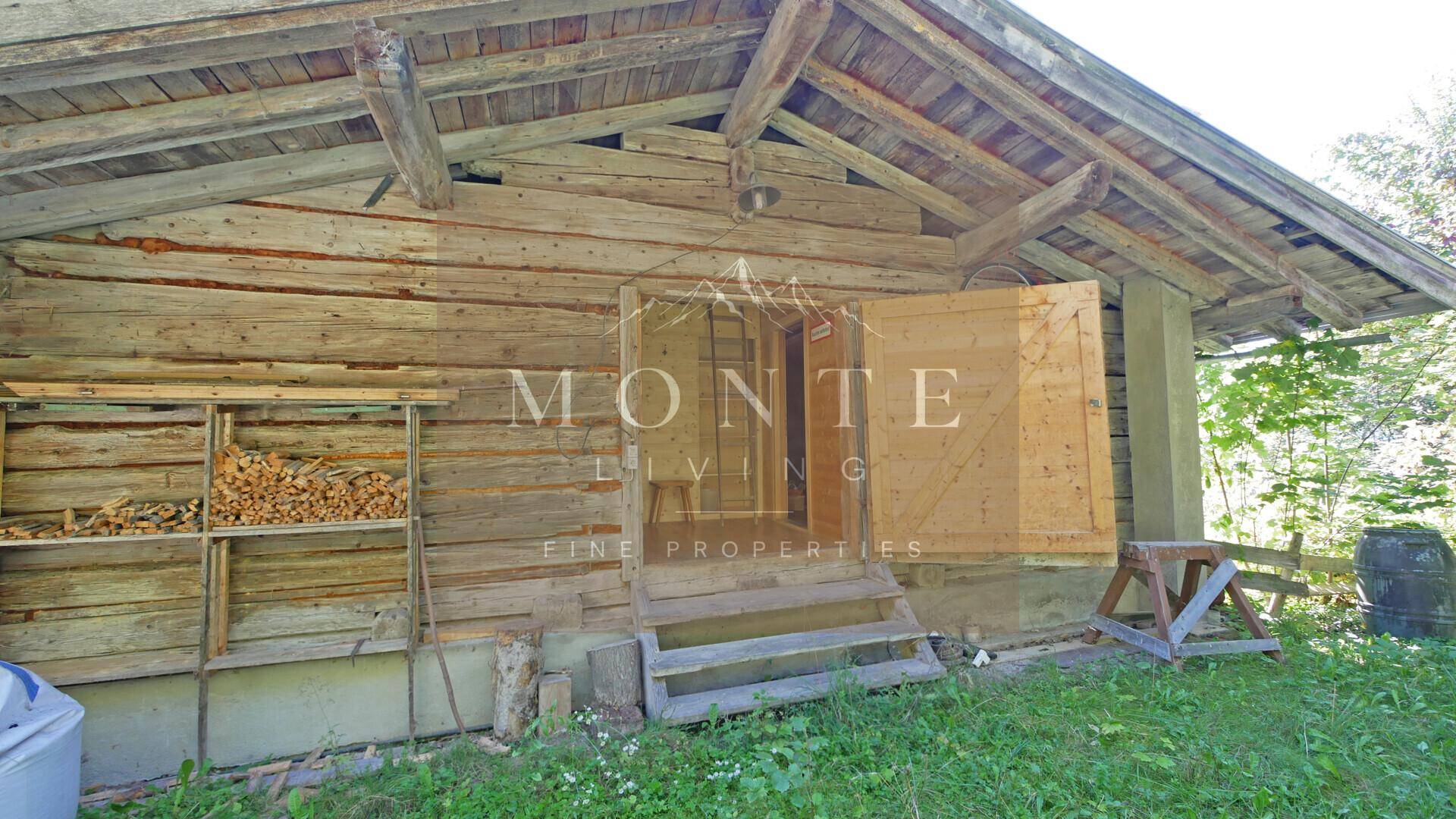 Eingangsbereich eines rustikalen Holzhauses mit gestapeltem Brennholz und einfacher Holztreppe im Freien.