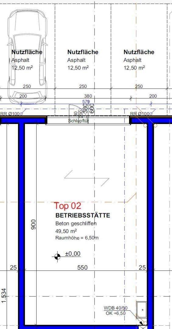 Detaillierter Grundriss einer Betriebsstätte mit ausgewiesenen Nutzflächen und Parkplätzen.