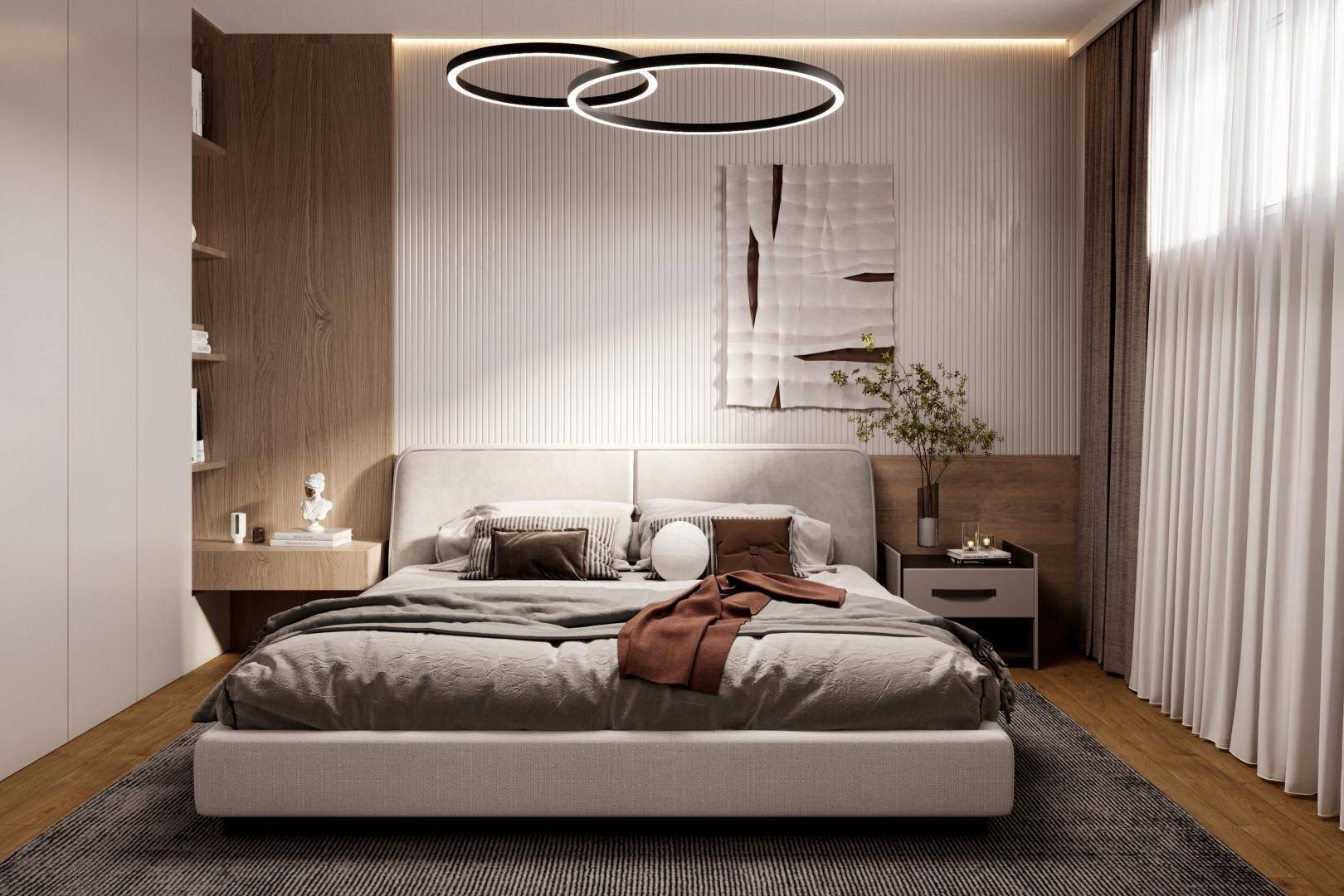 Modernes Schlafzimmer mit Holzakzenten, großem Bett und stilvoller Deckenbeleuchtung.