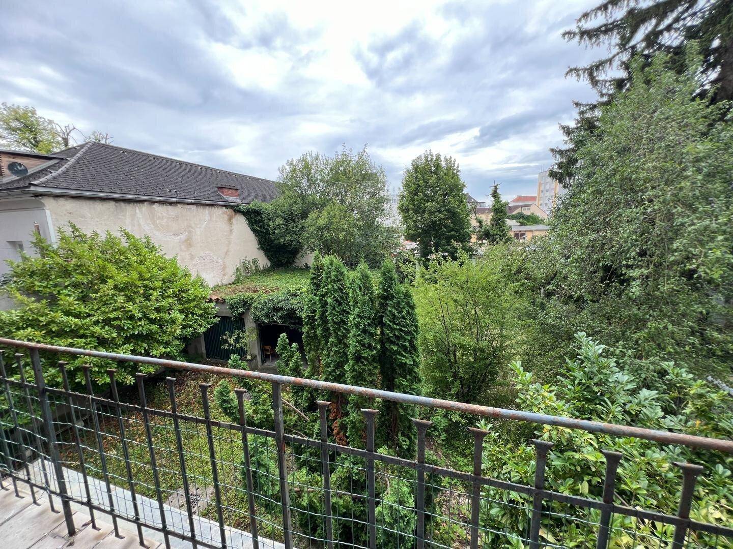 Blick von einem Balkon auf einen grünen, verwilderten Gartenbereich und die umliegende Stadtlandschaft.
