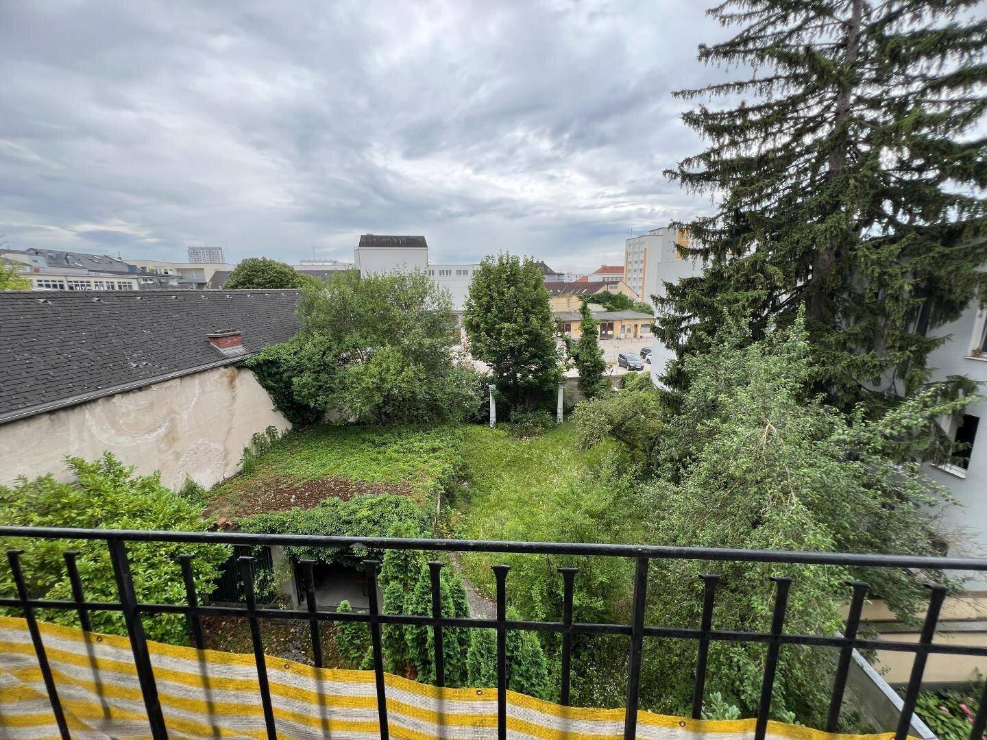 Weitblick von einem Balkon über einen grünen, verwilderten Garten und die Dächer der Stadt.