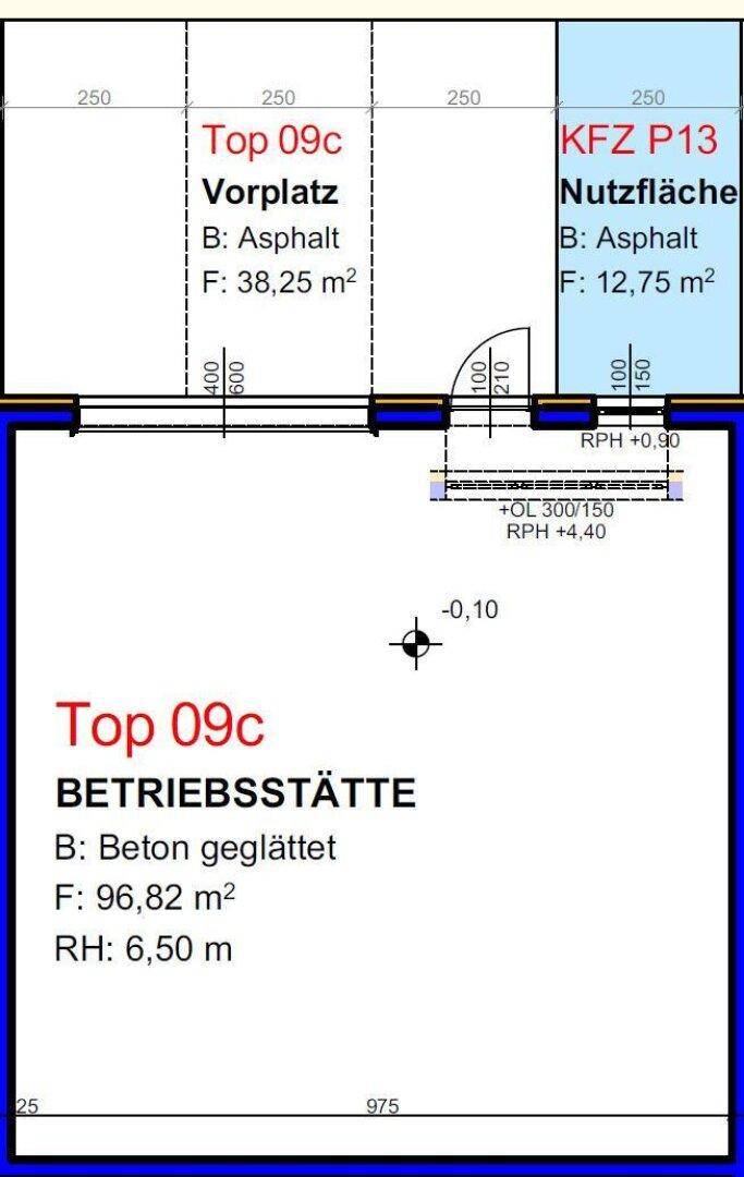 Detaillierter Grundriss für Top 09c, zeigt Vorplatz, KFZ-Nutzfläche und die Betriebsfläche mit geglättetem Betonboden.
