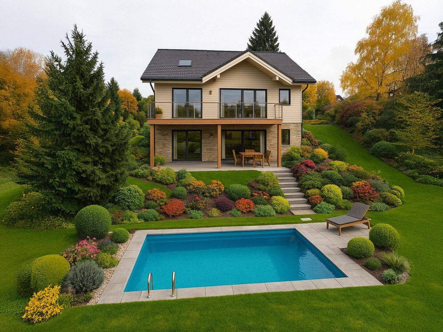 Modernes Haus mit großem Garten, Pool und Terrasse, umgeben von herbstlicher Natur und Bäumen.