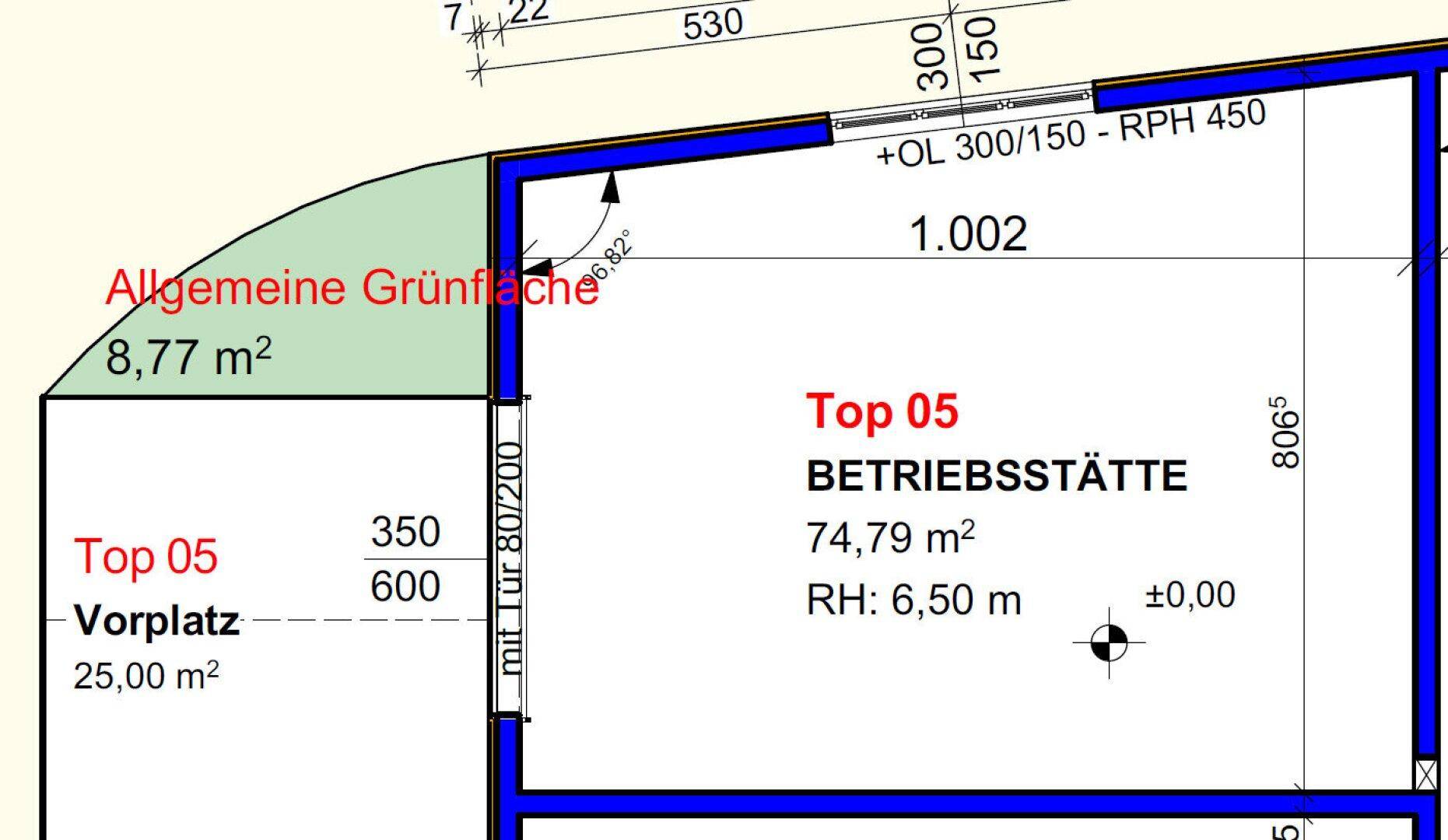 Detaillierter Grundrissausschnitt einer Betriebsstätte mit Flächenangaben und Vorplatz.