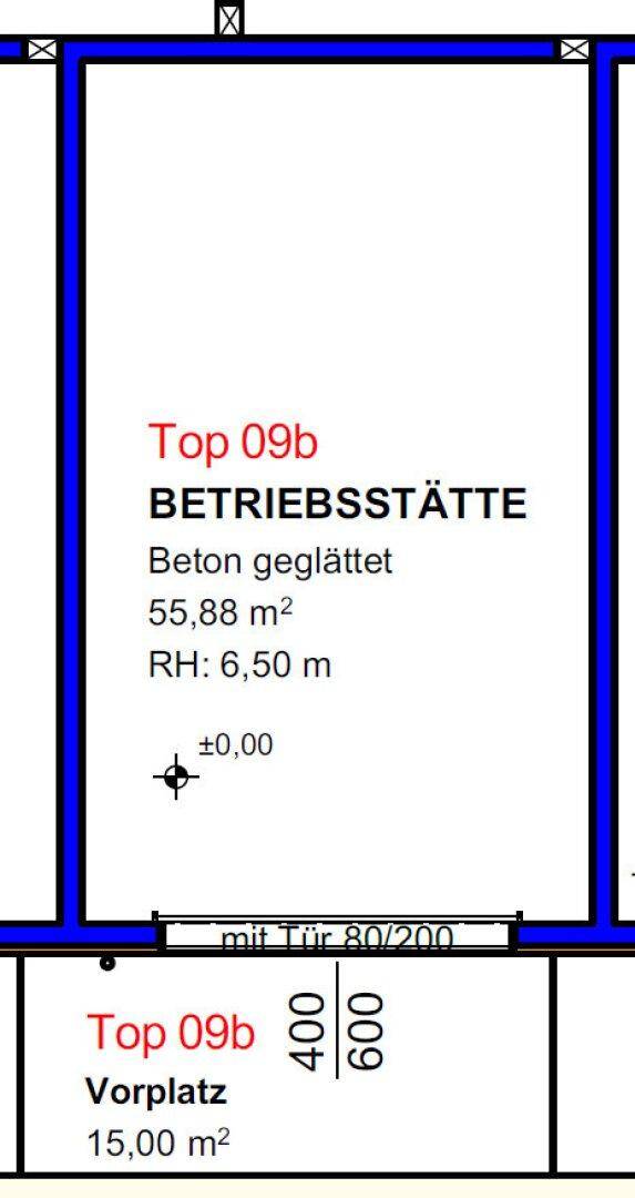 Detailansicht eines Grundrisses für eine Betriebsstätte mit angegebenen Maßen und Raumhöhe.