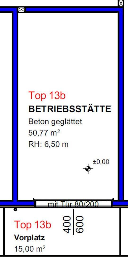 Detaillierter Grundriss einer Betriebsstätte mit Flächenangaben und Raumhöhe.