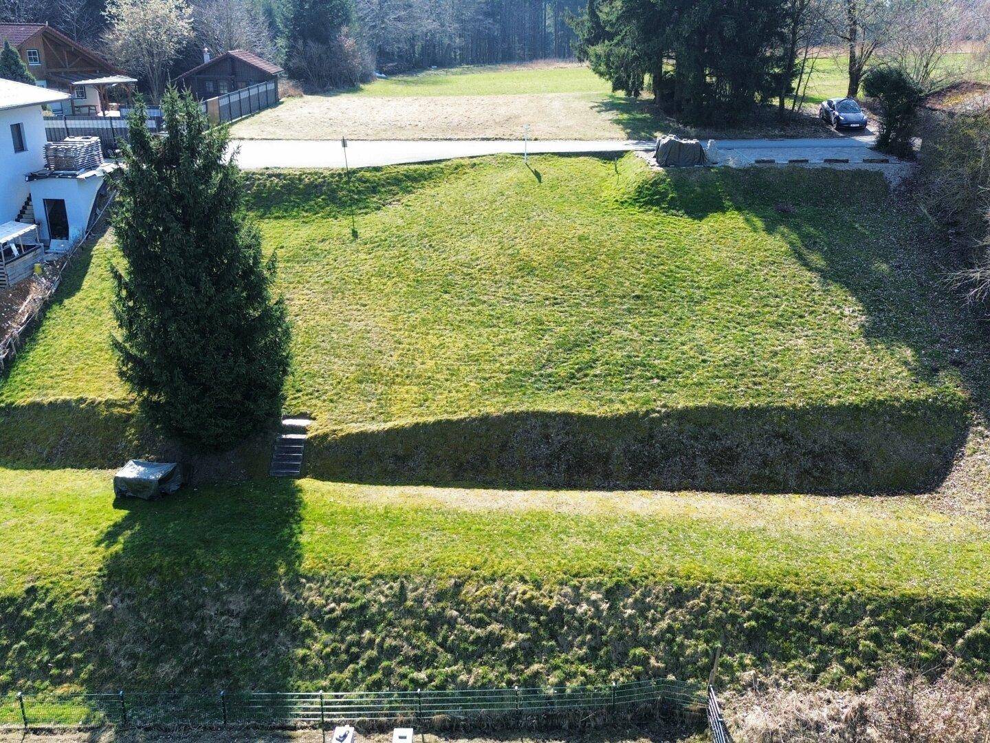 Weitläufige Rasenfläche des Grundstücks mit natürlicher Hanglage und Baumbestand.
