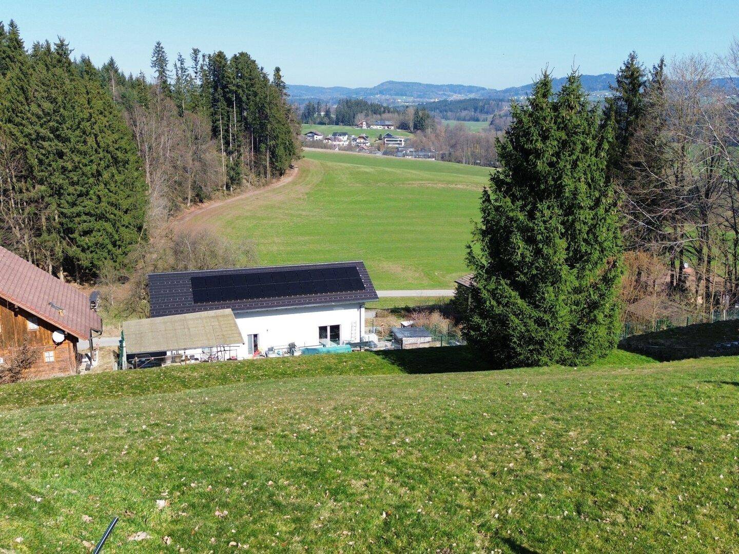 Modernes Haus mit Photovoltaikanlage auf dem Dach, umgeben von grünen Wiesen und Wald.