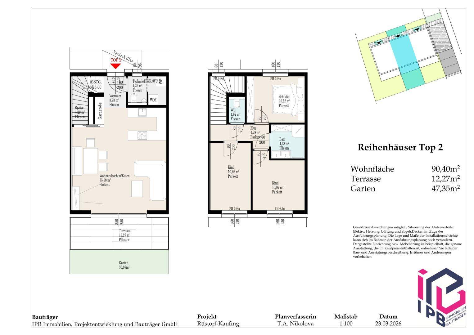 Grundriss des Reihenhauses Top 2 mit Wohnfläche, Terrasse und Gartenangaben.
