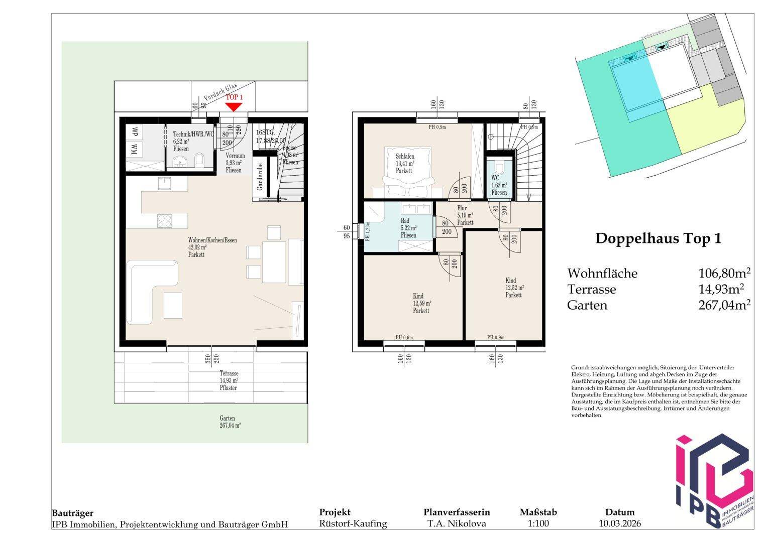 Grundriss eines Doppelhauses mit offener Wohnfläche, Terrasse und großzügigen Gartenbereichen.