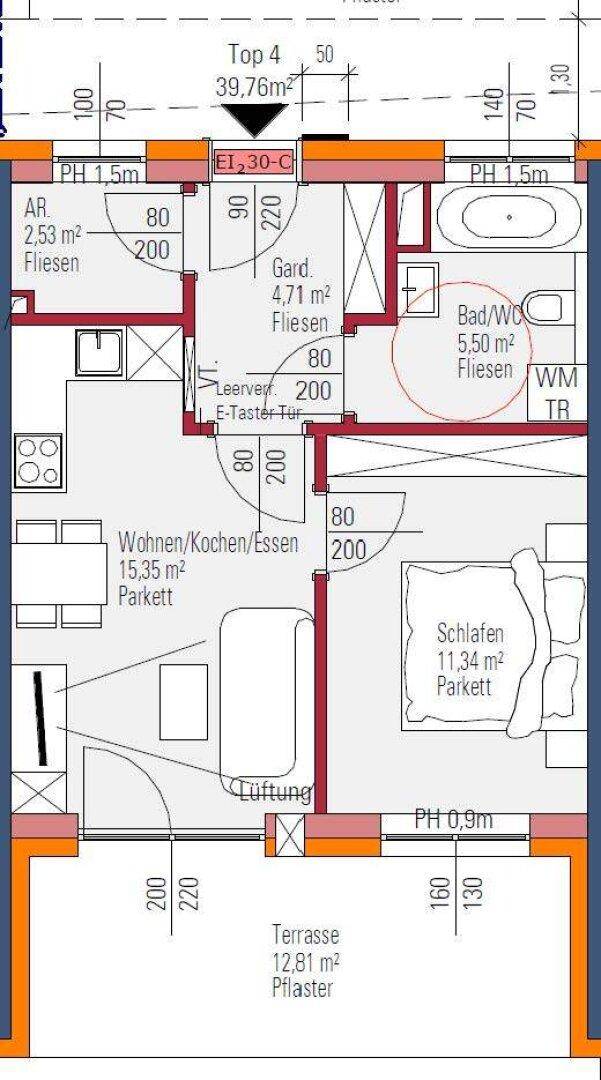 Detaillierter Grundriss einer Wohnung mit Wohn-/Koch-/Essbereich, Schlafzimmer und Bad.