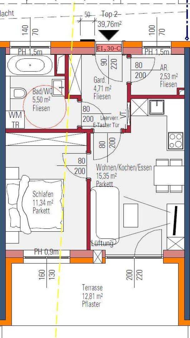 Detaillierter Grundriss einer Wohnung mit Schlafzimmer, Bad und Wohn-/Essbereich.
