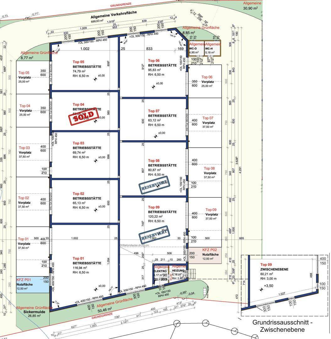 Gesamtgrundriss eines Gewerbeparks mit mehreren Betriebsstätten, Flächenangaben und Verkehrswegen.