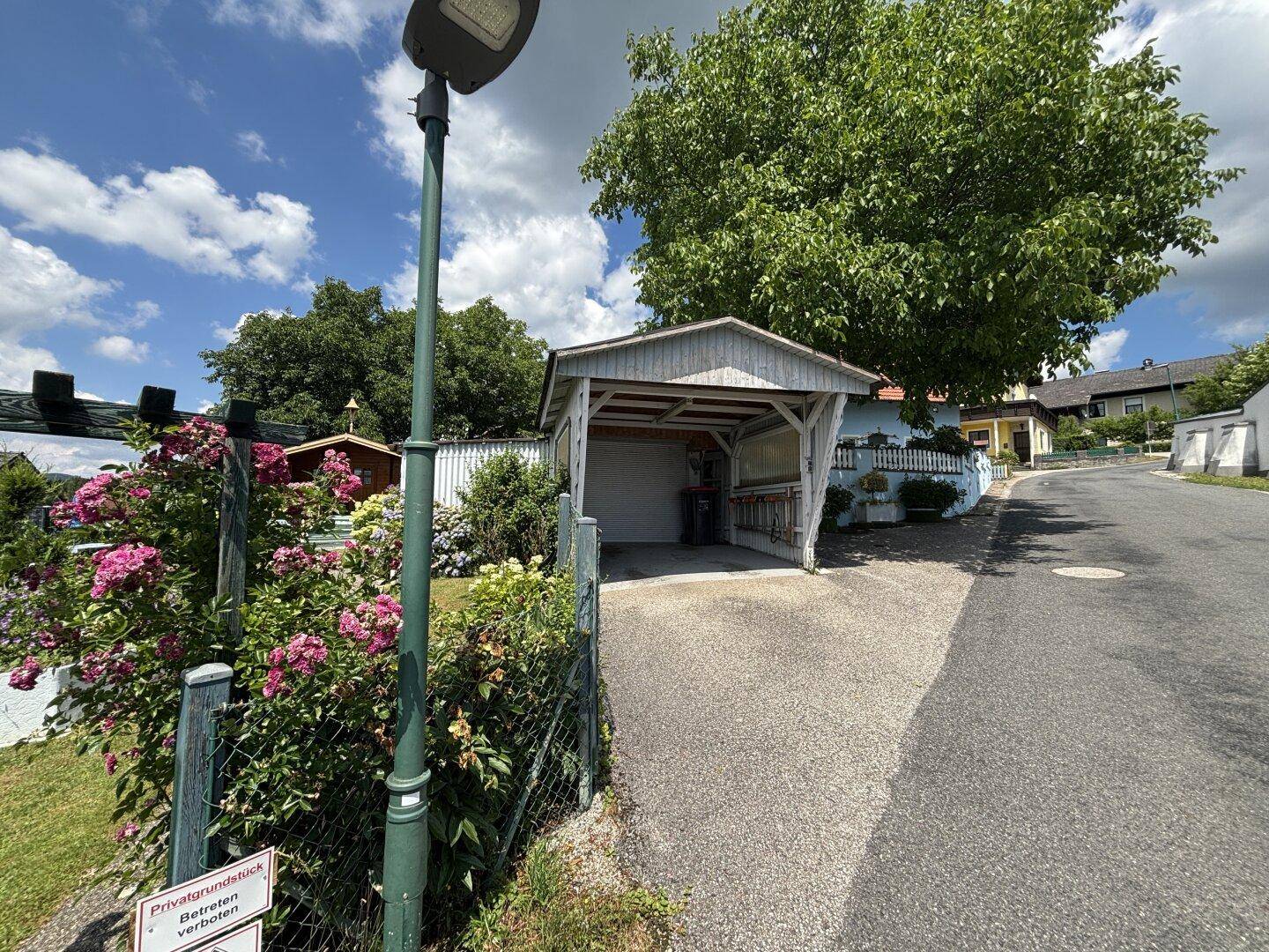 Carport mit Zufahrt und blühenden Rosenbüschen an der Grundstücksgrenze.