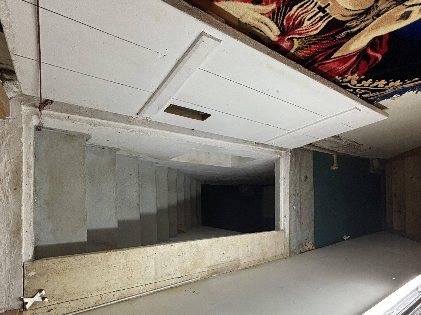 Blick in einen dunklen Kellerraum über eine schmale Betontreppe.
