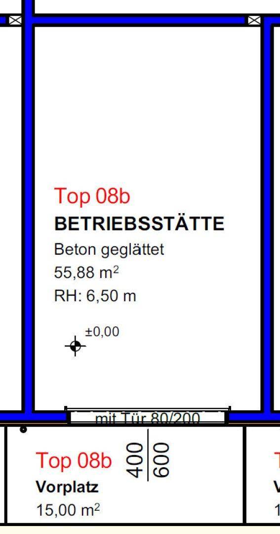 Grundrissausschnitt einer Betriebsstätte mit 55,88 m² Fläche und 6,50 m Raumhöhe.