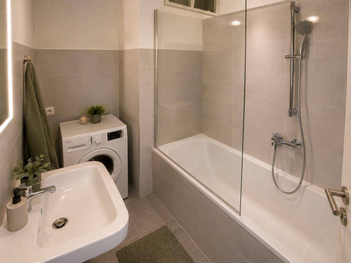 Modernes Badezimmer mit Badewanne, Dusche und Waschmaschine.