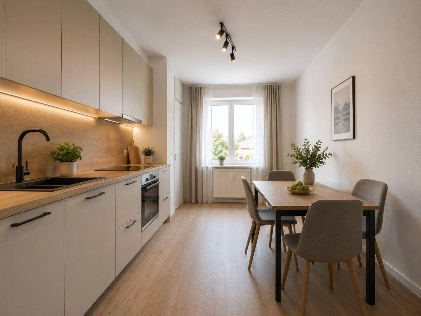 Moderne Einbauküche mit hellen Schränken, Holzarbeitsplatte und Essbereich.