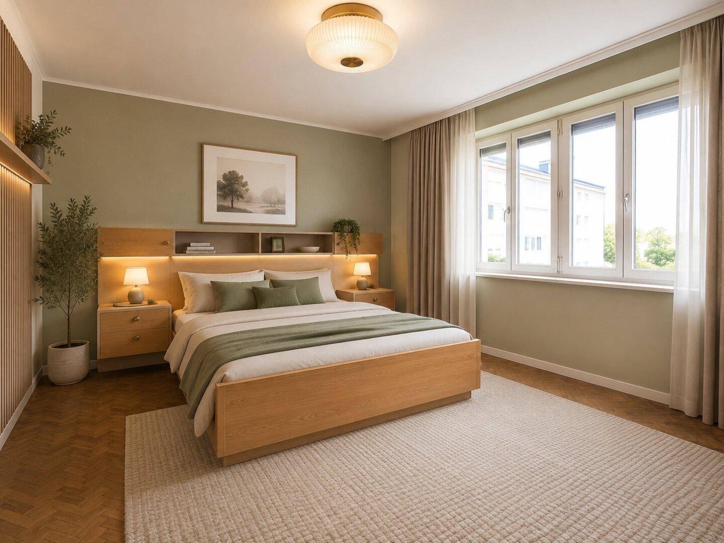 Modernisiertes Schlafzimmer mit Holzbett, Nachttischen und hellem Teppich.