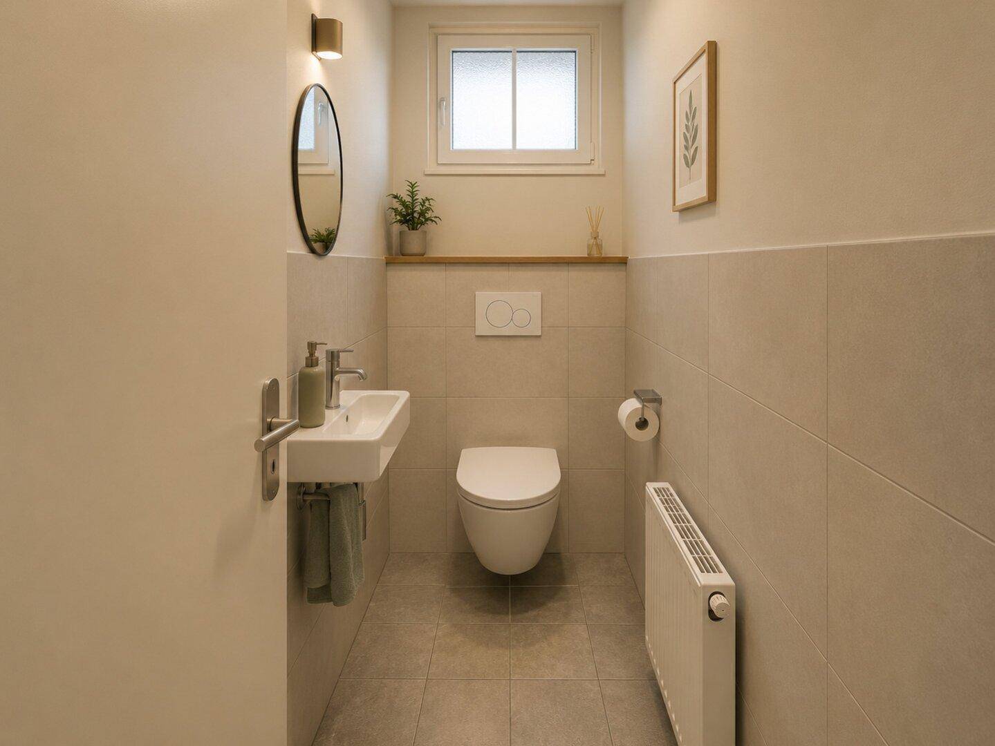 Modernes Gäste-WC mit wandhängender Toilette und kleinem Waschbecken.