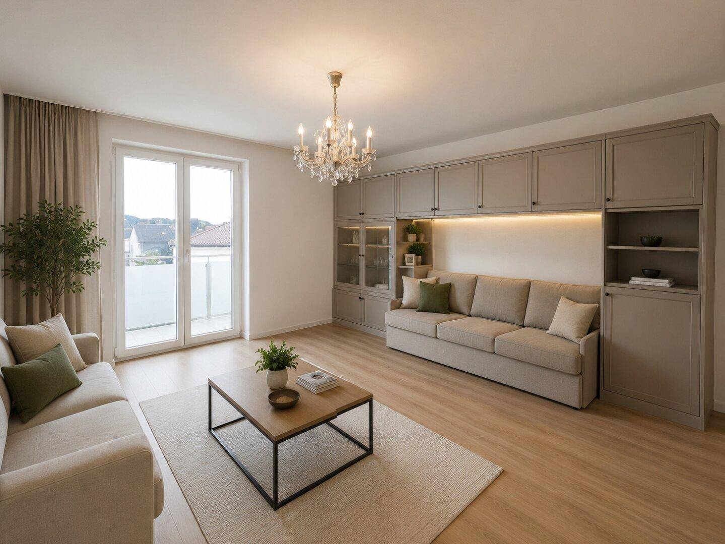 Helles Wohnzimmer mit modernem Sofa, Couchtisch und Balkonzugang.