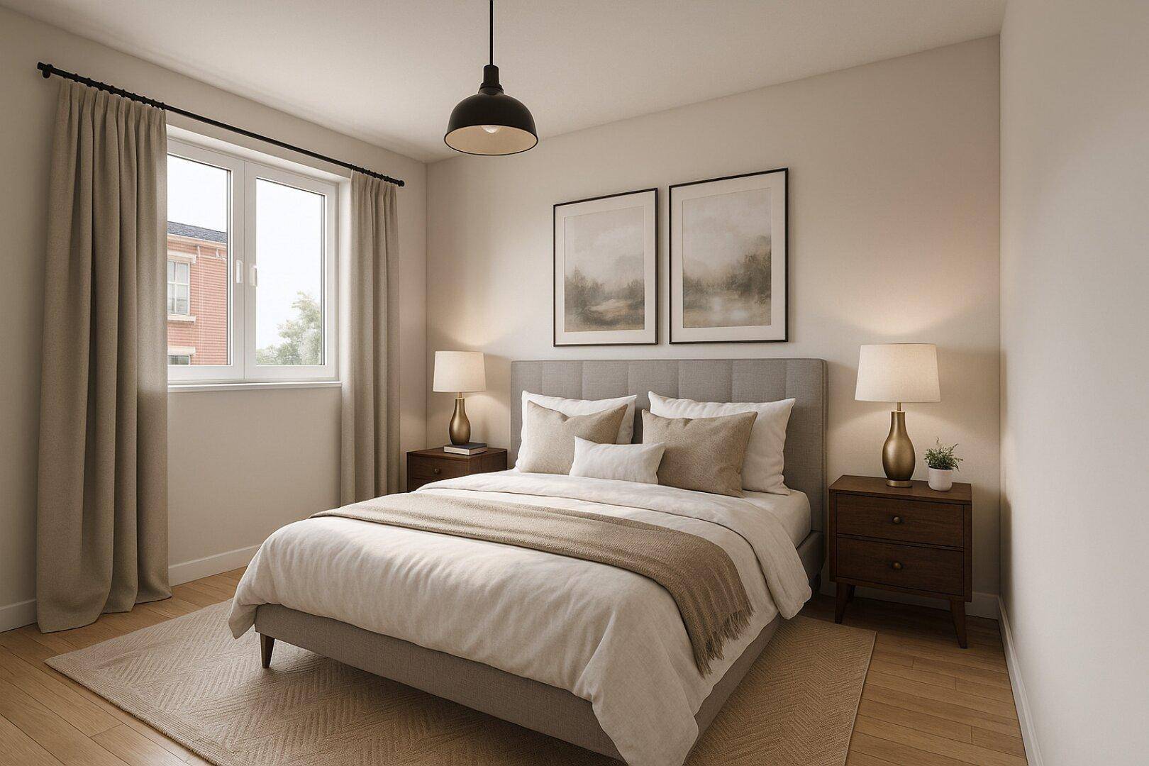 Gemütliches Schlafzimmer mit Doppelbett, Nachttischen und großem Fenster.