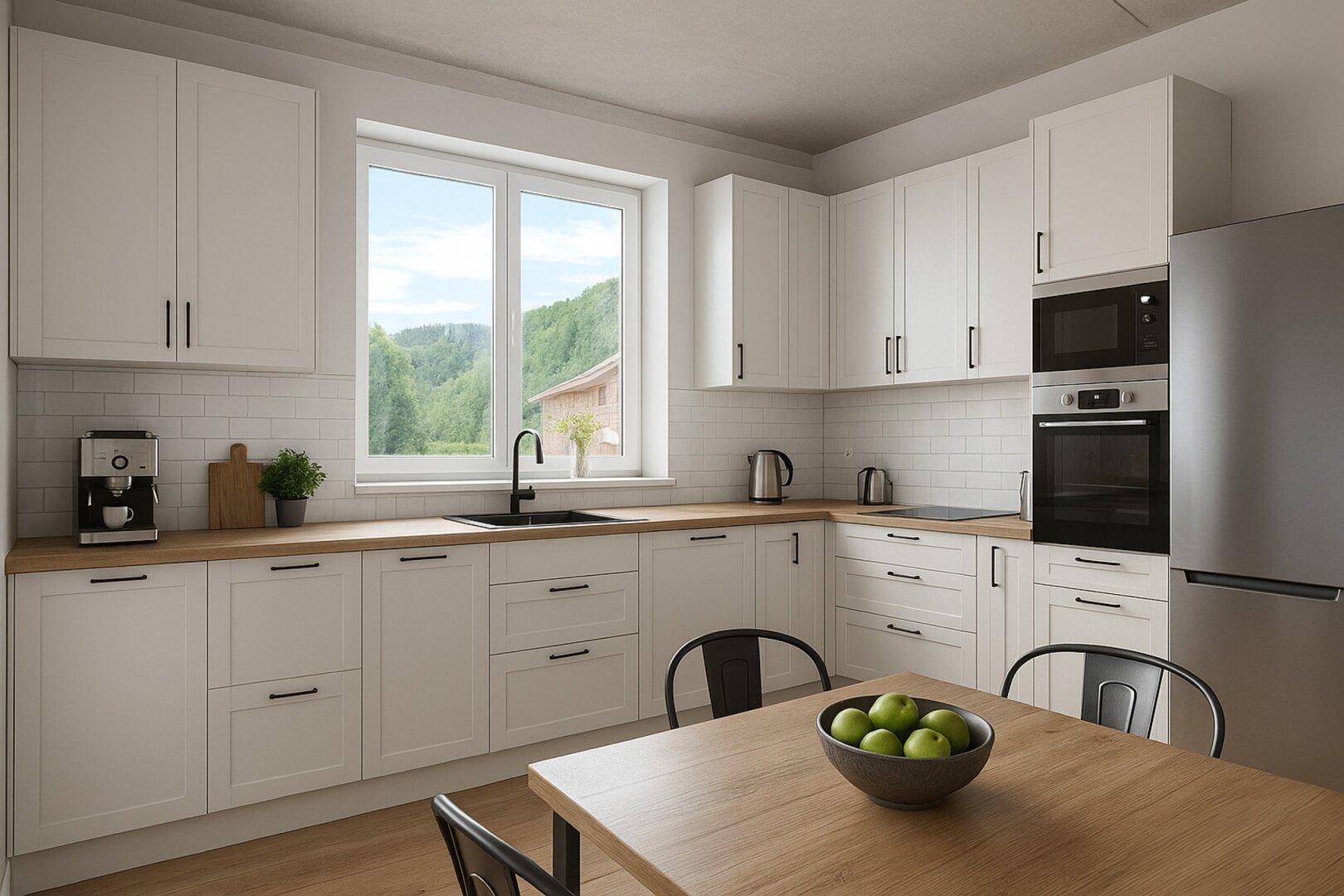 Moderne Einbauküche mit weißen Schränken, Holzarbeitsplatte und Blick ins Grüne.