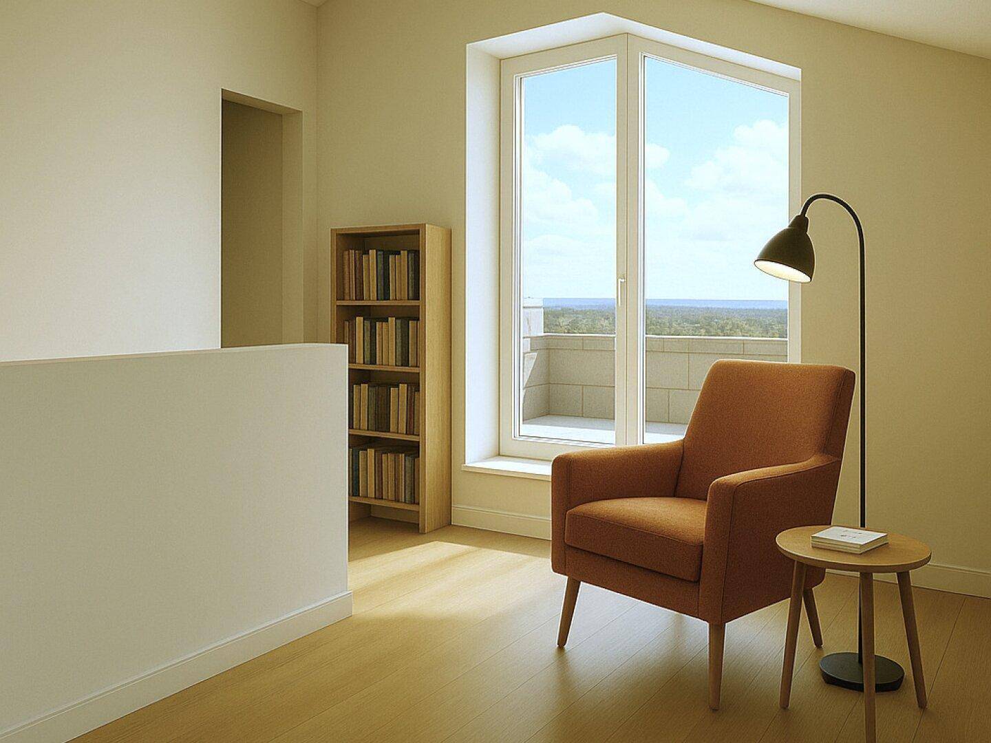 Gemütliche Leseecke im Dachgeschoss mit großem Fenster und weitem Ausblick.