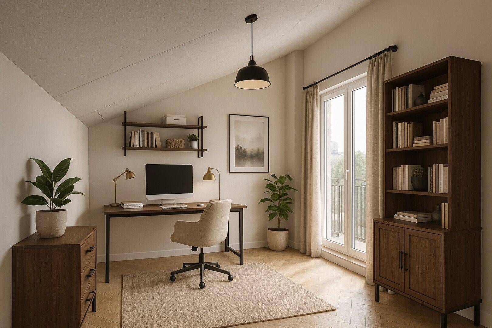 Helles Arbeitszimmer im Dachgeschoss mit Schreibtisch, Bücherregal und Balkonzugang.