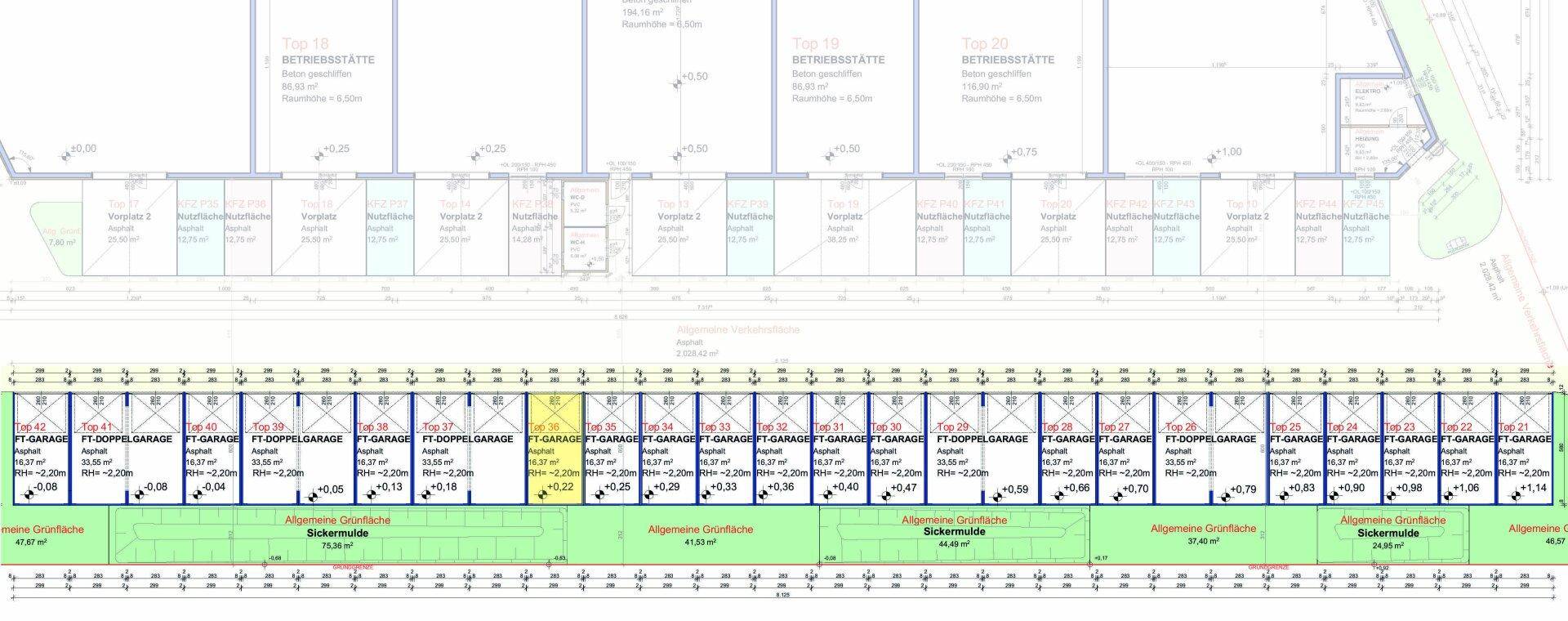 Architektonischer Plan mit der Anordnung mehrerer Garagen- und Lagerboxen.