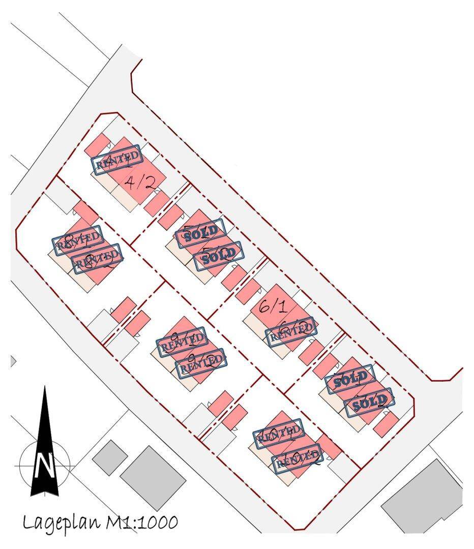 Lageplan eines Wohngebiets mit mehreren Parzellen, von denen einige bereits vermietet oder verkauft sind.