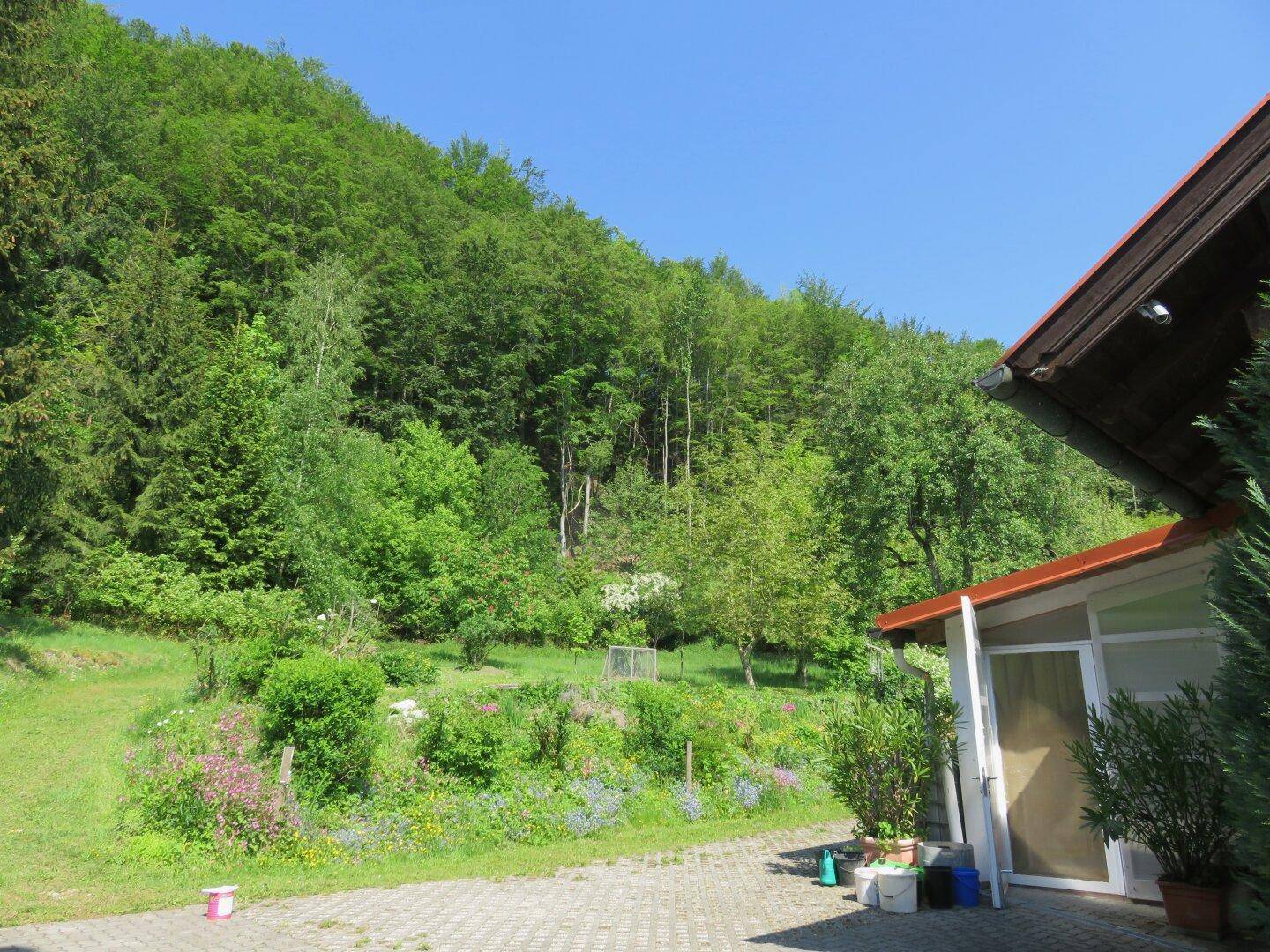 Malerischer Gartenbereich mit Blumenbeeten und altem Baumbestand am Waldrand.