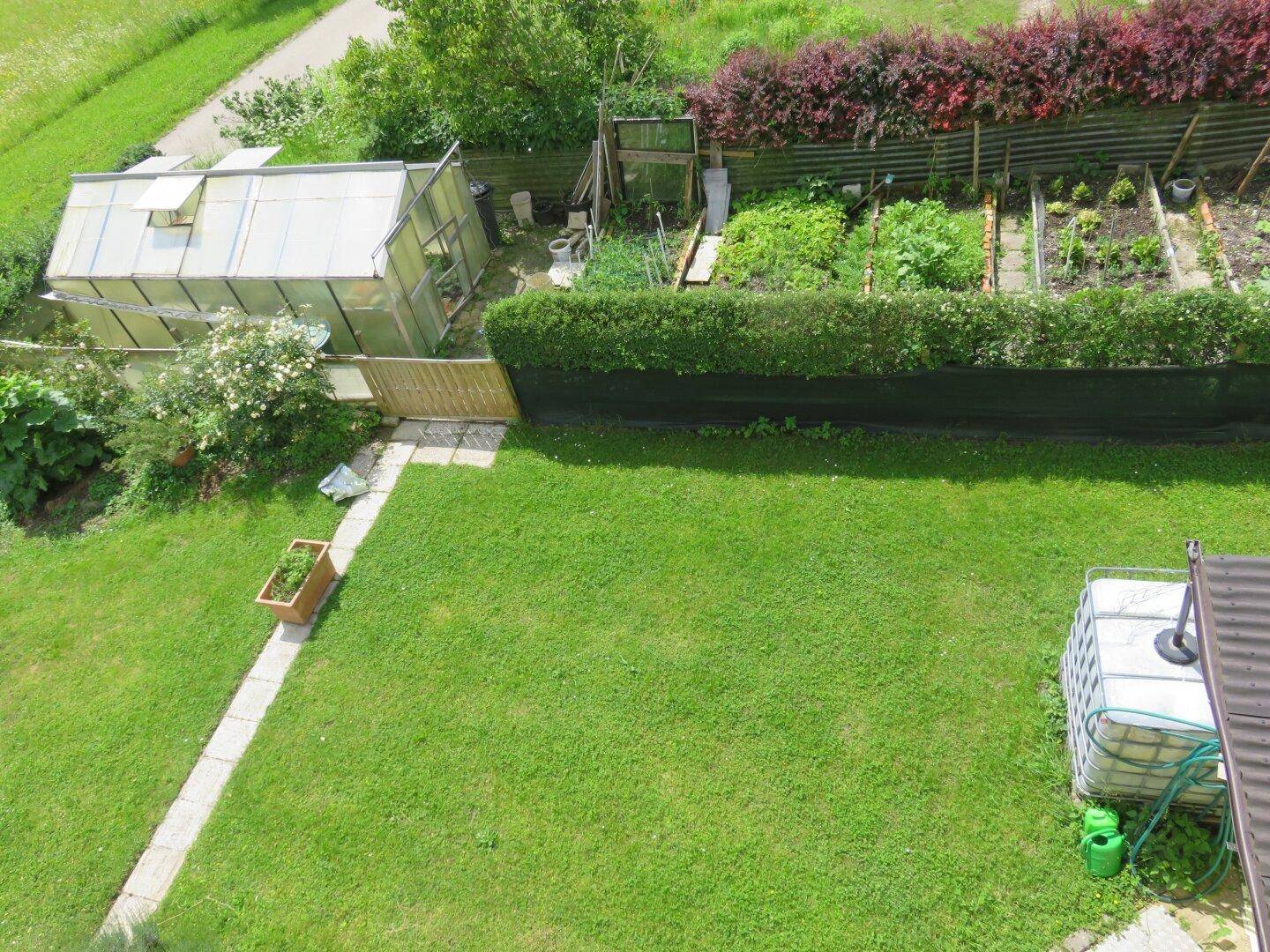 Gepflegter Garten mit Rasenfläche, Gewächshaus und Gemüsebeeten.