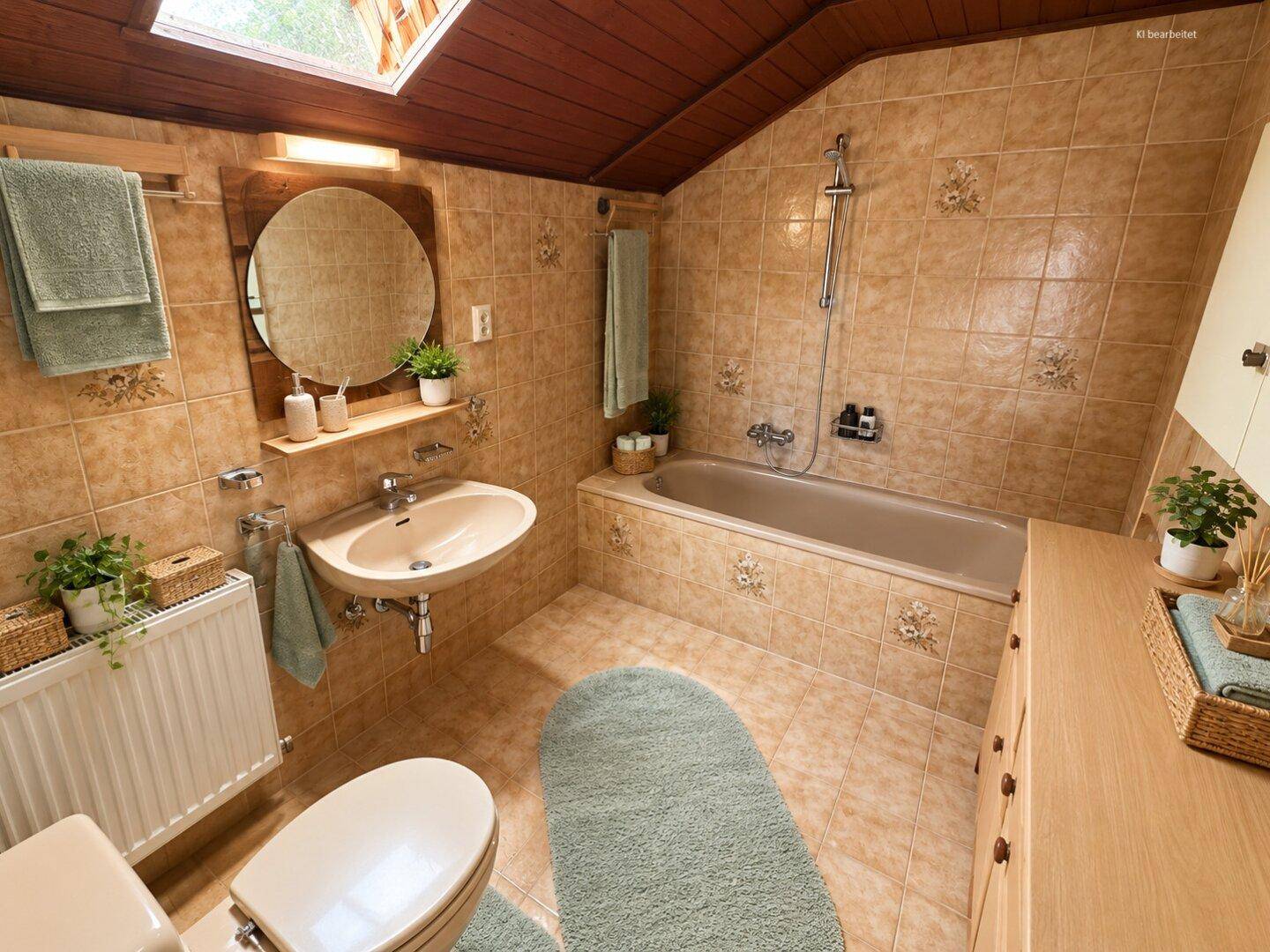 Traditionelles Badezimmer im Dachgeschoss mit braunen Fliesen, Badewanne und Dachfenster.