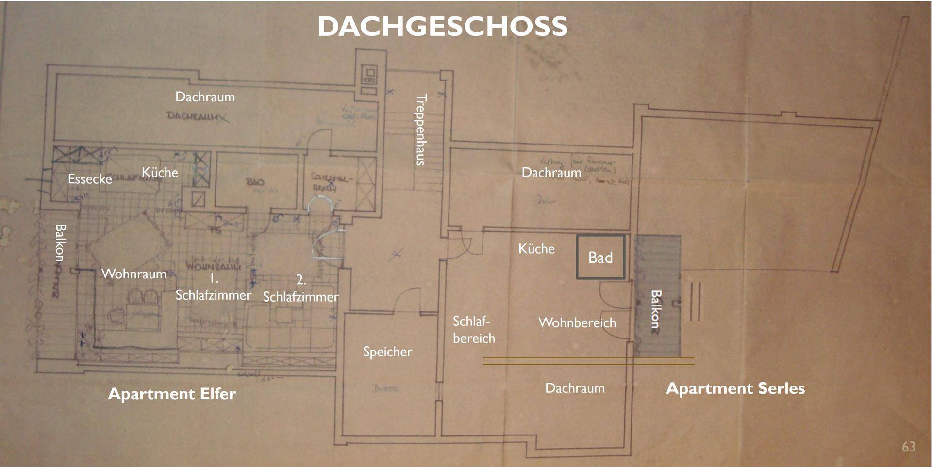 Grundriss des Dachgeschosses mit Wohnräumen, Schlafzimmern und Balkonen.