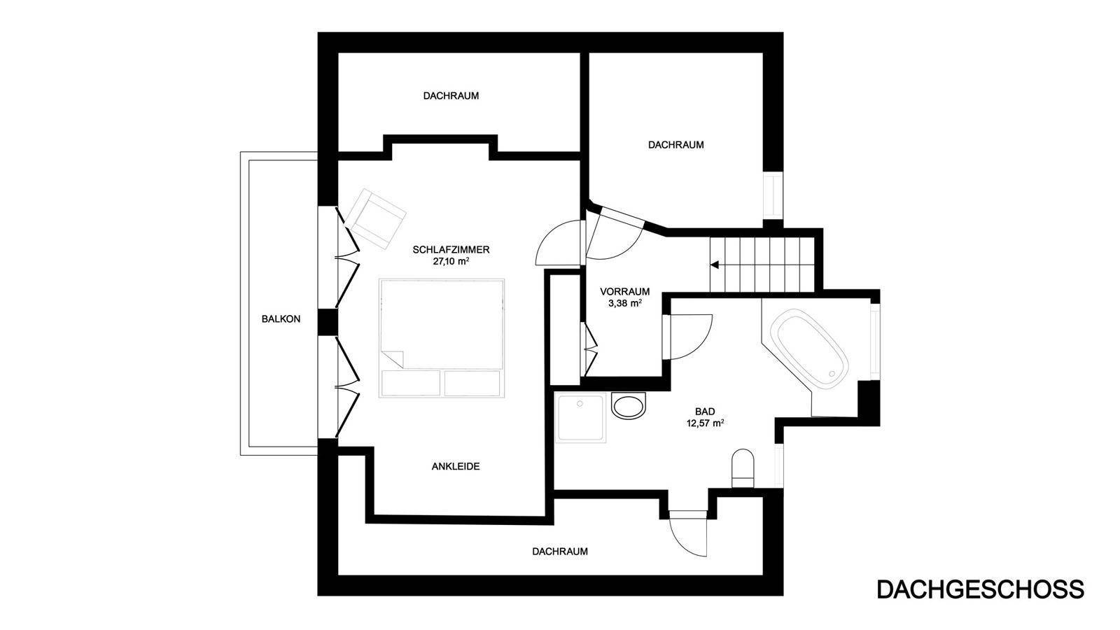 Grundriss des Dachgeschosses mit Schlafzimmer, Ankleide, Bad, Balkon und Dachräumen.