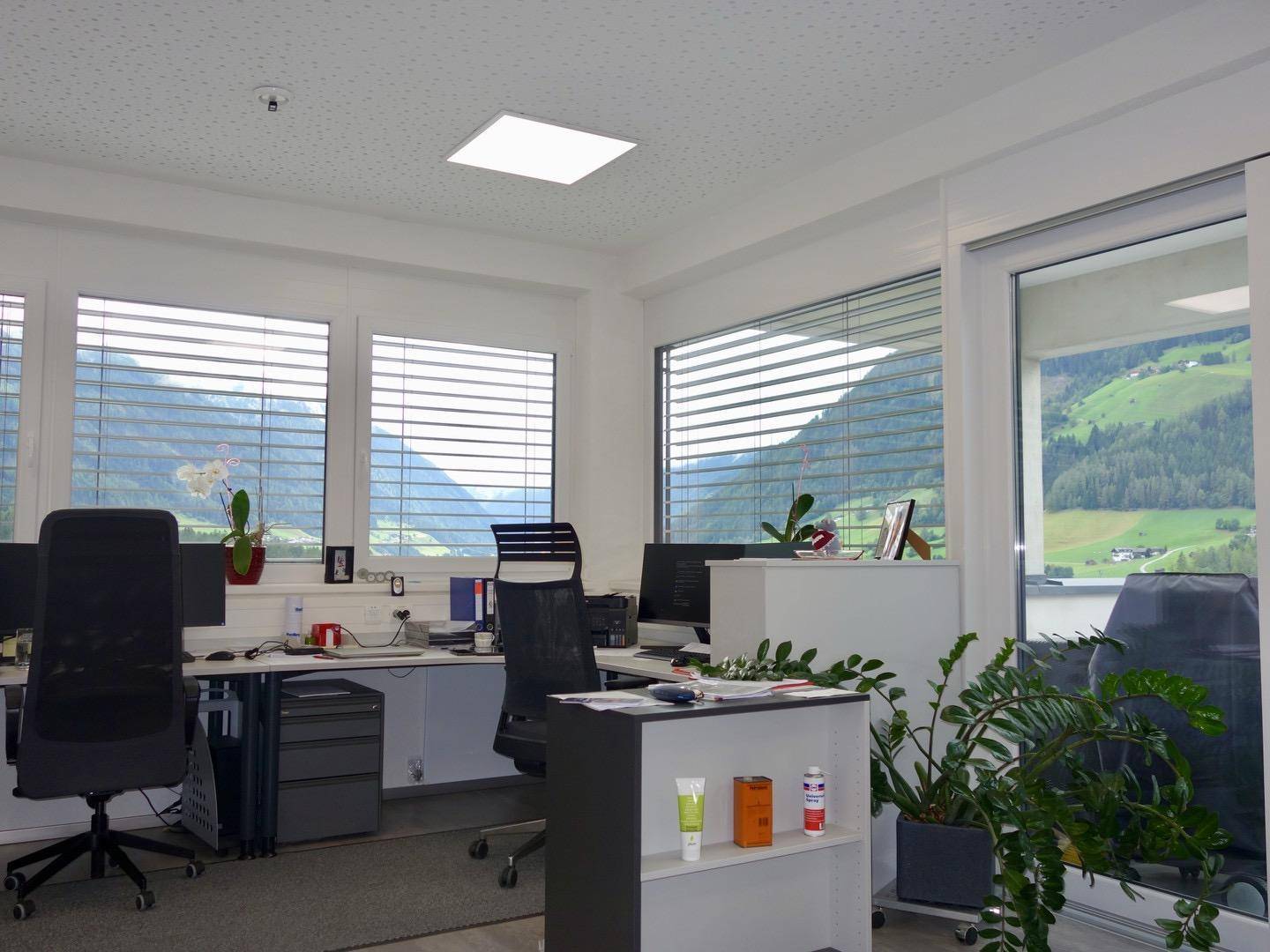 Modernes Büro mit mehreren Arbeitsplätzen und großen Fenstern, die einen malerischen Blick auf die Berge freigeben.