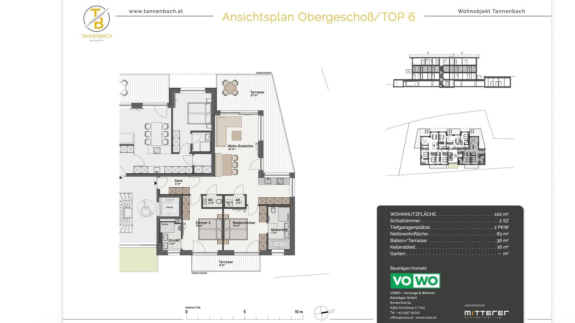 Grundrissplan des Obergeschosses TOP 6 mit offener Wohnküche, Terrasse und Balkonen.