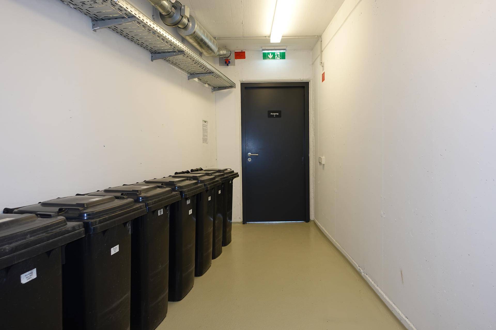 Funktionaler Abstellraum mit Mülltonnen und sichtbaren Installationen, gut organisiert und sauber.