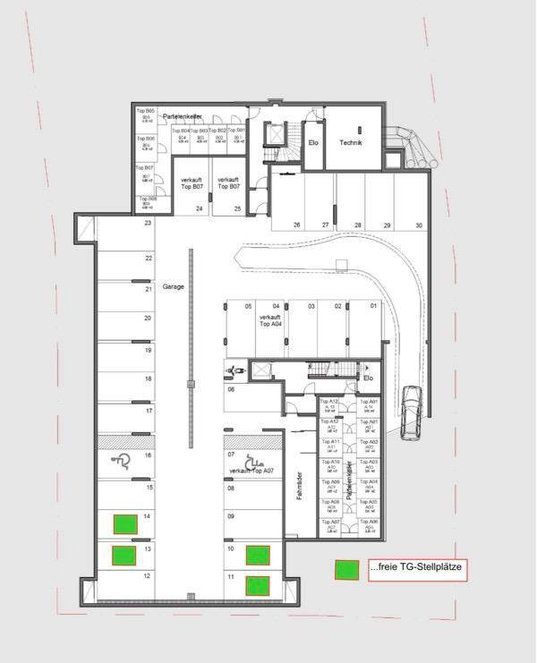 Grundrissplan einer Tiefgarage mit markierten freien und verkauften Stellplätzen sowie Fahrradraum.
