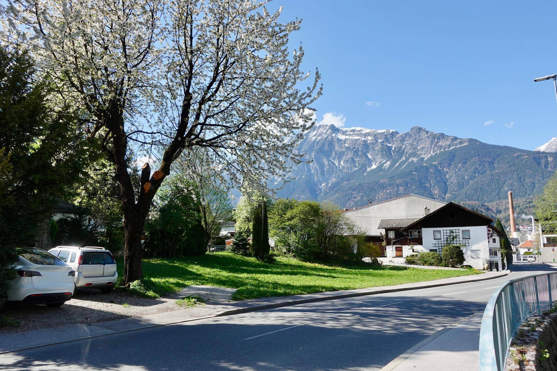 Panoramablick auf die Straße mit geparkten Autos und schneebedeckten Bergen im Hintergrund.