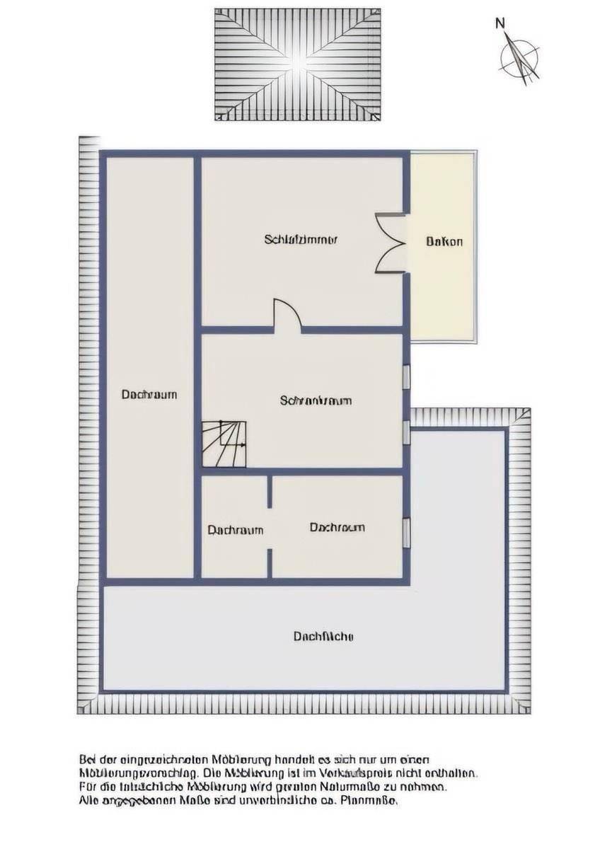 Grundriss des Obergeschosses mit Schlafzimmer, Schrankraum, Dachräumen und Balkon.