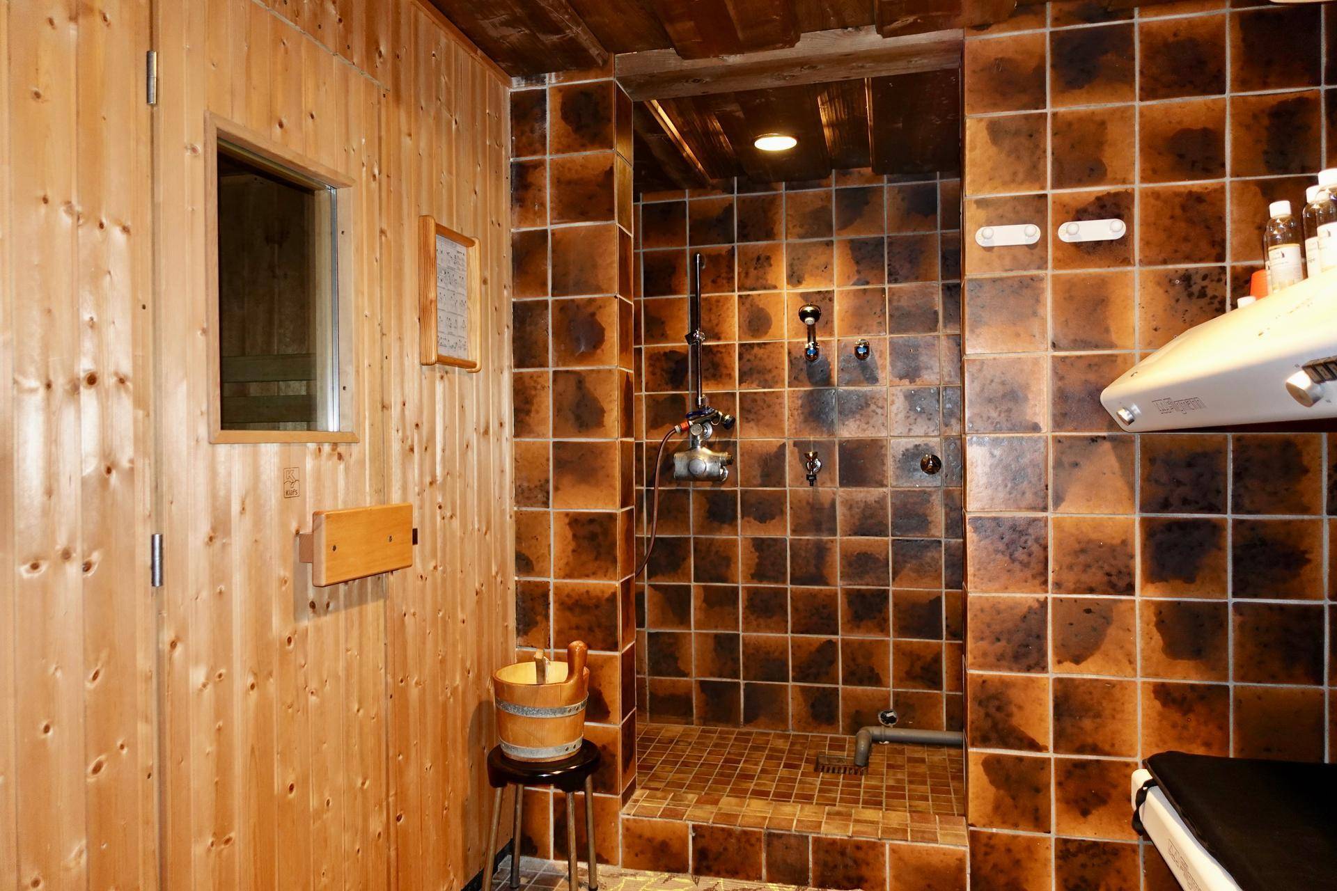 Wellnessbereich mit Holzsauna und gefliester Dusche.
